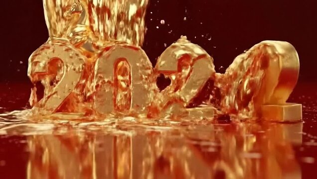 Golden horse sculpture with glistening liquid and reflective 202 numerals on a red surface