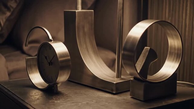 Elegant Bronze Timepiece And Artistic Home Decor On A Modern Bedside Table In Muted Light