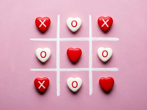 Valentine's day candy tic-tac-toe game with heart shapes on a pink background