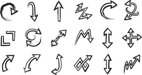 A collection of hand-drawn doodle arrows pointing in various directions and styles, isolated on a white background, perfect for graphic design elements.