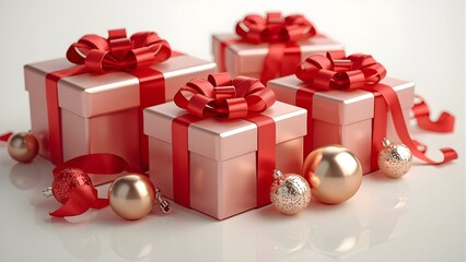 3D Rendered Christmas Gift Boxes with Elegant Ribbons on Minimal Background