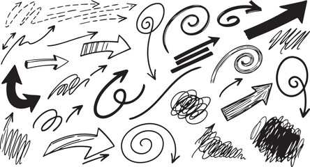 A collection of hand-drawn doodle arrows pointing in various directions and styles, isolated on a white background, perfect for graphic design elements.