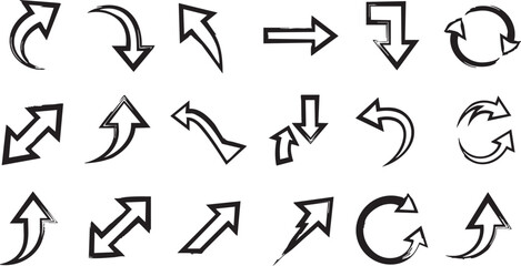 A collection of hand-drawn doodle arrows pointing in various directions and styles, isolated on a white background, perfect for graphic design elements.