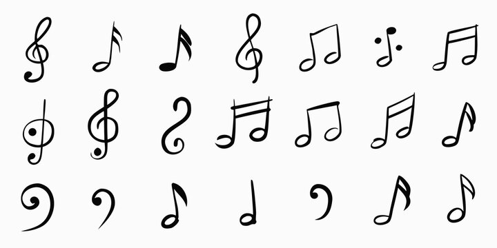 Collection of various black musical notes and symbols on a white background