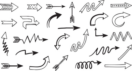 A collection of hand-drawn doodle arrows pointing in various directions and styles, isolated on a white background, perfect for graphic design elements.