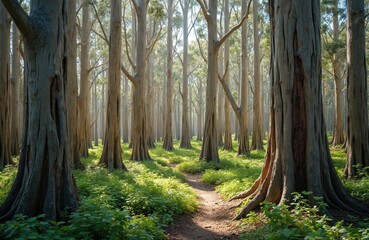 Obraz premium Tall paperbark trees line a sun-dappled forest path. Lush green undergrowth thrives on damp soil. A serene, wild landscape invites exploration and quiet contemplation.