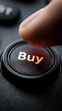 Close up of a finger pressing "Buy" button at online platform. 3 d render e commerce or online order placement. Business promotion copy space.