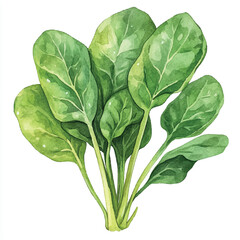 Watercolor illustration of a fresh bunch of green spinach leaves.