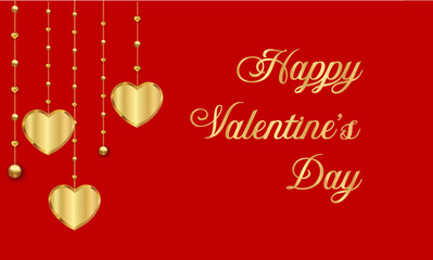 Beautifully crafted golden hearts with shimmering beads elegantly hang against a vibrant red backdrop, featuring a warm greeting perfect for celebrating love and festive moments