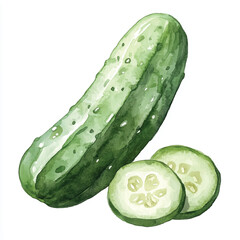 Watercolor Illustration of a Fresh Cucumber and Slices.
