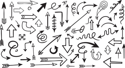 Collection of hand-drawn black brush stroke arrows pointing in various directions, including straight, curved, and circular paths, on a white background.