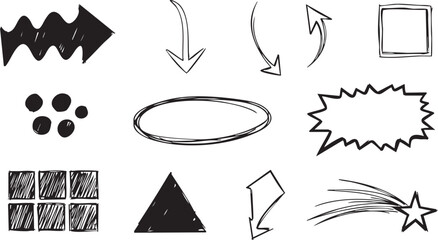 Collection of hand-drawn black brush stroke arrows pointing in various directions, including straight, curved, and circular paths, on a white background.