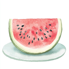 Watercolor illustration of a fresh watermelon slice on a plate.