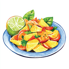 Watercolor Illustration of a Fresh Fruit Salad with Lime and Mint.