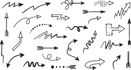 Collection of hand-drawn black brush stroke arrows pointing in various directions, including straight, curved, and circular paths, on a white background.