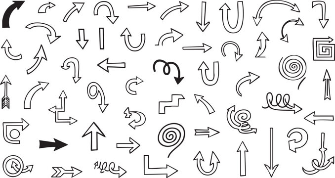Collection of hand-drawn black brush stroke arrows pointing in various directions, including straight, curved, and circular paths, on a white background.