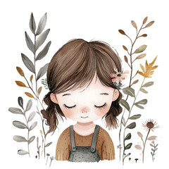 Watercolor Illustration of a Girl with Braids Surrounded by Foliage.