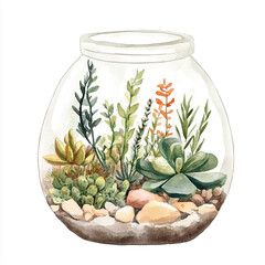 Watercolor illustration of a glass jar terrarium with various succulents and stones.
