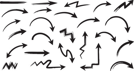 Obraz premium A diverse collection of hand-drawn black arrows in various styles and directions on a white background, perfect for graphic design.