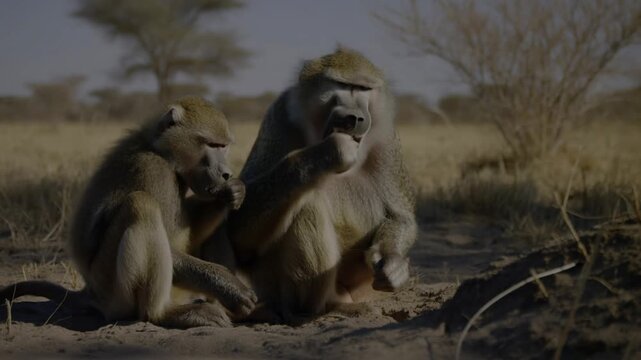 Two baboons in a natural environment. One is eating Stock Video
