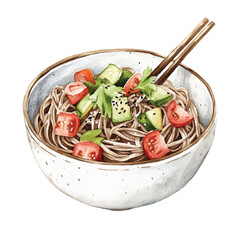 Watercolor illustration of a healthy soba noodle salad bowl.