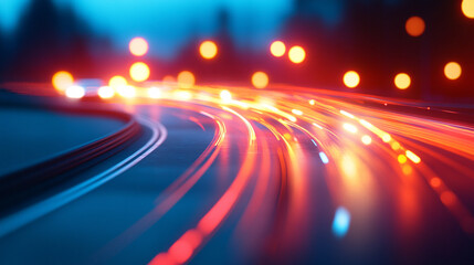 Blurry lights of fast-moving cars streak across a city road at night, creating vibrant urban light trails that capture motion, energy, and the dynamic pulse of nighttime city life