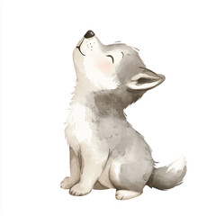 Watercolor Illustration of a Howling Wolf Cub with Closed Eyes.