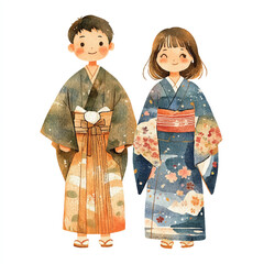 Watercolor illustration of a Japanese boy and girl in traditional kimonos.