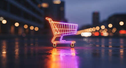 Neon shopping cart shines on reflective surface against blurred urban background, representing modern retail, online commerce, ease of purchase