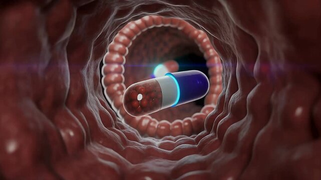 Detailed 3D animation showing a capsule navigating through a human vein, surrounded by flowing red blood cells in a realistic vascular environment.