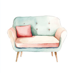 Watercolor illustration of a pastel pink and blue tufted sofa with a pink cushion.