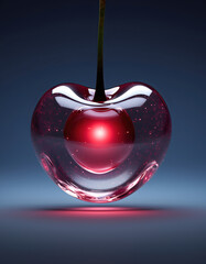 Captivating crystal cherry with bright red internal glow. This transparent fruit has mysterious floating effect in minimal composition against dark elegant background