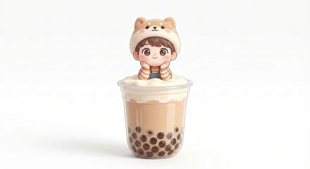 Adorable Chibi Character in Shiba Inu Hat Sitting on Creamy Bubble Tea Foam, Kawaii Boba Milk Tea Mascot Illustration Isolated on White Background for Creative Branding and Sticker Design
