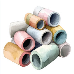 Watercolor illustration of a pile of colorful paper tubes showcasing various pastel shades and textures arranged in a casual stack.