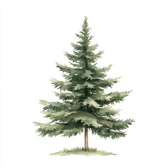 Watercolor Illustration of a Pine Tree with Detailed Branches and Needles.