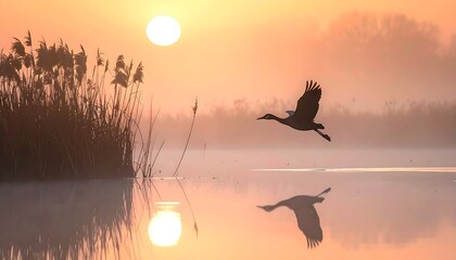 Minimal scene with a generic waterfowl silhouette gliding across a reflective wetland