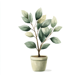 Watercolor illustration of a potted plant with green leaves and a brown stem.