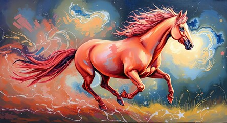 Majestic Red Stallion Galloping Through a Surreal Cosmic Nebula: Vibrant Digital Oil Painting of Power and Boundless Energy