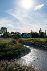 A house surrounded by green trees and bright sunshine, with a watercourse flowing into the dike on the North Sea coast near Wremen, Germany.
