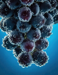Fresh grape submerged in carbonated water with rising bubble clinging to fruit skin. vibrant and refreshing macro view of effervescent purple fruit against blue background