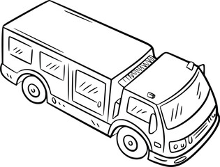 Isometric illustration of a simple delivery truck in black and white lines