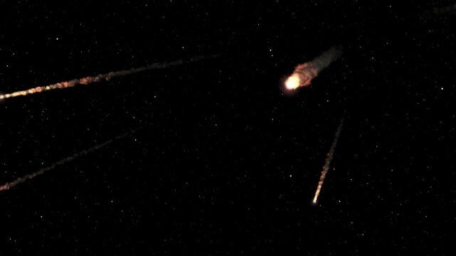 High-energy animation of a meteor storm with numerous meteors blazing across a dark night sky. Glowing trails and rapid motion create a dramatic cosmic and astronomical visual.