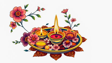 Vibrant Diwali puja thali illustration featuring glowing oil lamps, colorful flowers, and sweets on a decorative mandala base. A warm, spiritual celebration of light and Indian tradition.