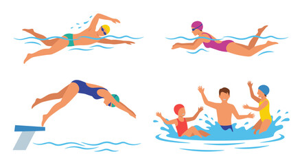 Collection of vibrant illustrations depicting various swimming activities and water fun