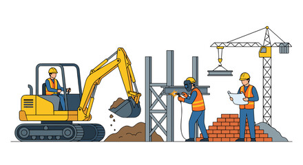 Line art illustration of a construction site workers operate an excavator, crane, weld, and review plans, symbolizing building and industrial development