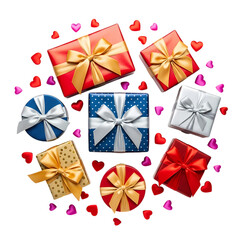 Circular Arrangement of Gift Boxes and Hearts, PNG with Alpha Channel