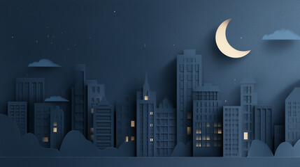 night city skyline illustration, paper cut city night background, minimal urban nightscape design
