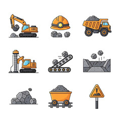 Fototapeta premium Collection of Mining Industry Icons featuring Excavators, Trucks, and Conveyor Belts, Symbolizing Construction and Resource Extraction