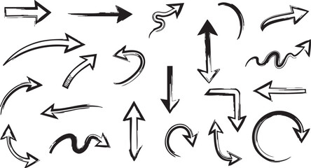 A collection of hand-drawn, sketchy arrows pointing in various directions and styles, including curved, straight, wavy, and circular designs.