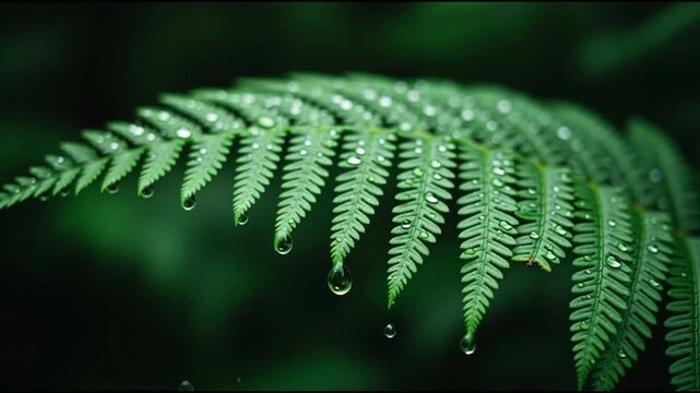 A serene close-up of a fern leaf with dew drops in a lush green environment